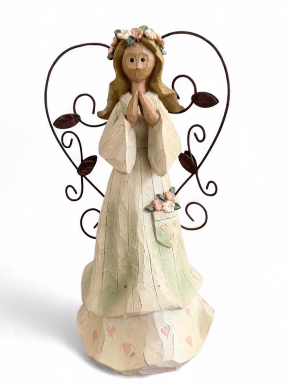 Whimsical Angel Figurine with Floral Crown - Cream & Pastel Green